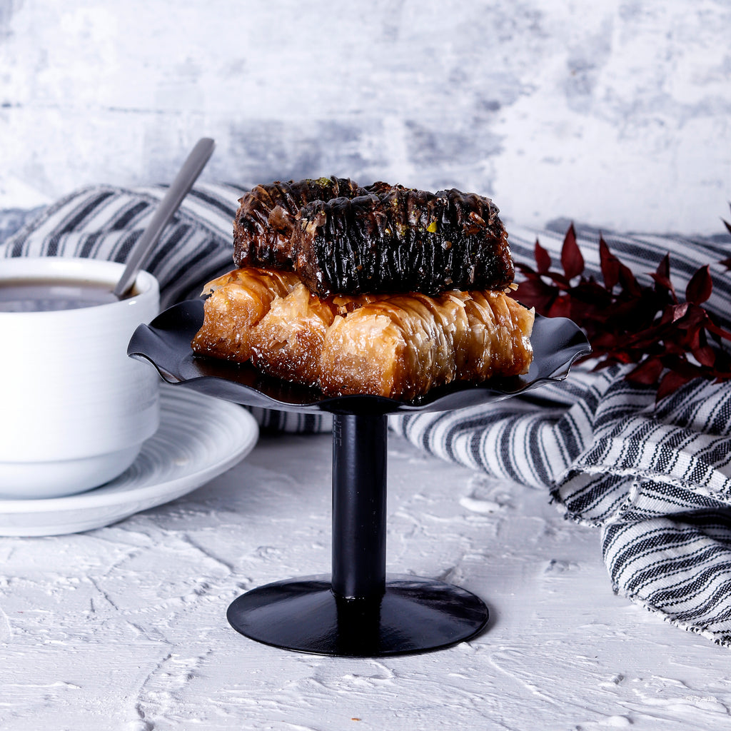 White Plate Baklava Dish Black Pedestal 13.5