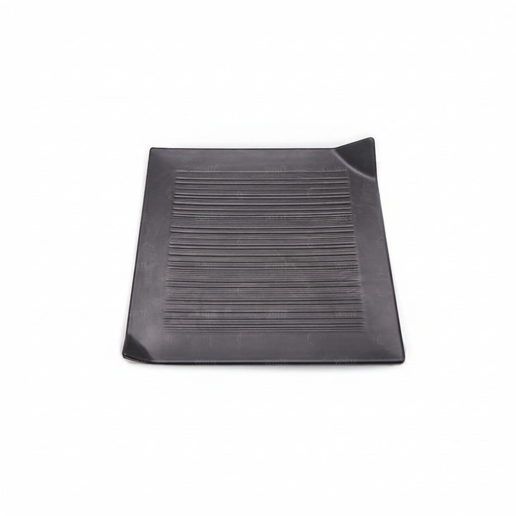 A black rectangular melamine paper plate with a ribbed center and folded-over corners, shown on a white background with the text 'Melamine paper plate' below.