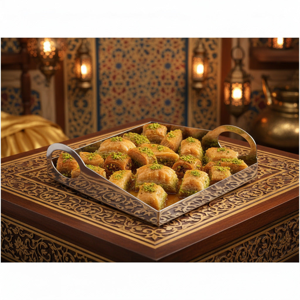 White Plate Baklava Dish Square 14*14 Ring Handle Polished Inside Brushed Outside
