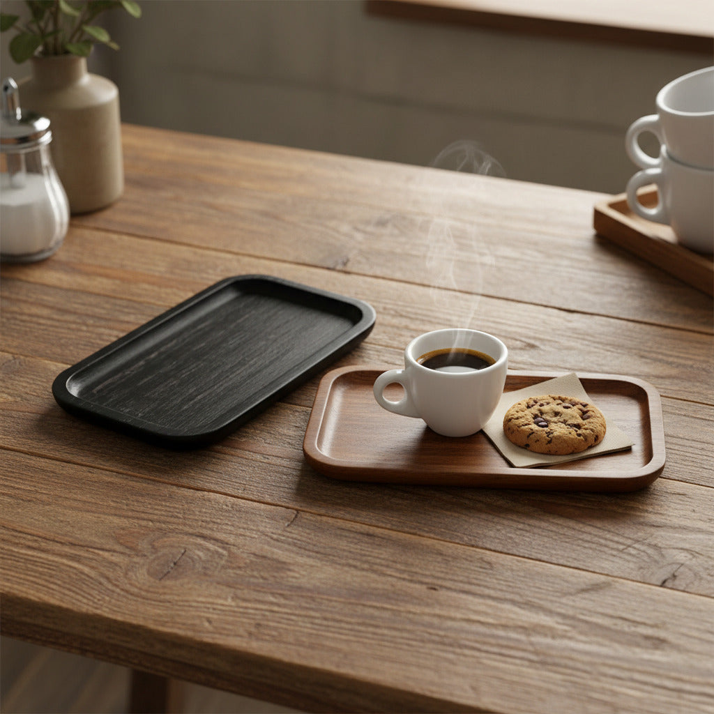 Two rectangular wooden resting plates shown side by side on a white background, one in black and one in medium brown wood grain. Text below reads 'Wooden resting plate' with color indicators.