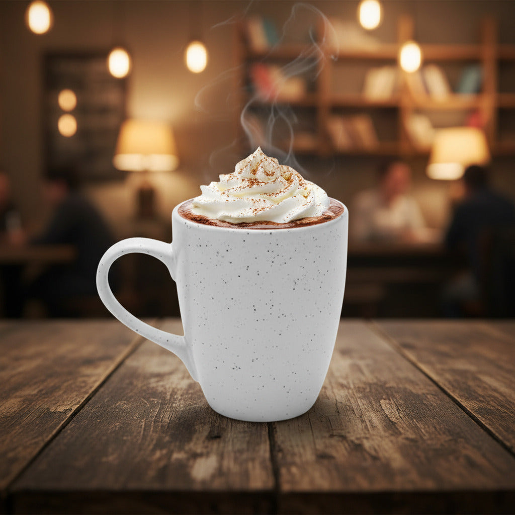 A small ceramic mug with a light gray base and dark whole-dot speckles, shown on a plain white background with the text 'Small whole dots mug' underneath.