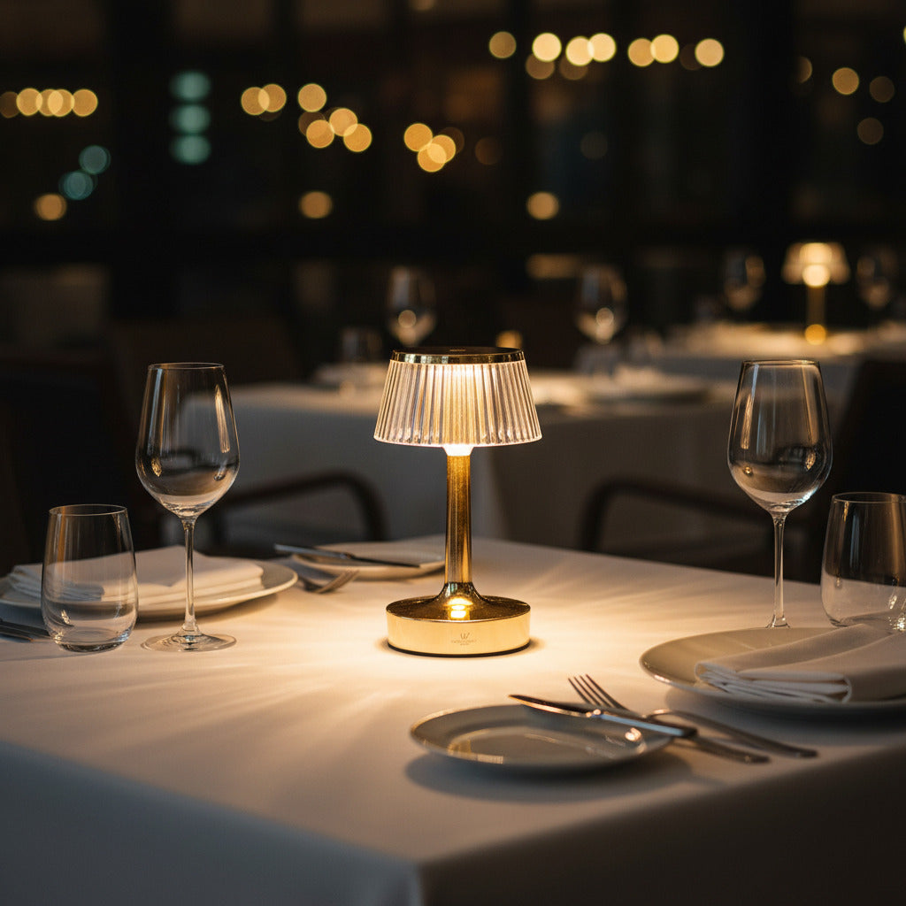 A modern golden round line table lamp with a gold-finished base, stem, and top trim, and a clear pleated glass shade, shown on a white background with the text 'Golden round line table lamp' below.
