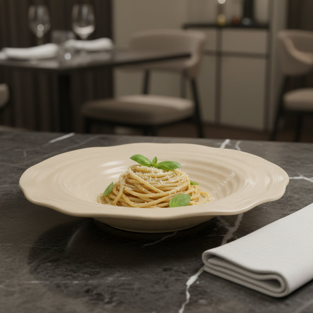 A shallow, wide ceramic bowl with a scalloped rim and subtle concentric ring texture, shown in a light beige color on a plain white background.